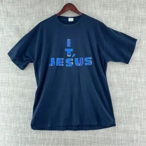 Vintage Best tag "it's Jesus" single stitch navy blue t shirt mens XL 9041